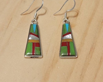 Green Multicolor Earrings / Green Multi Color Inlay Earrings/Long Drop Earrings/ Jewelry/Mosaic Earring/Inlay Earring