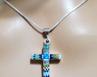 Little Inlay Cross Pendant /Mosaic Cross/Inlay Cross/Dainty Cross/Box Chain /Small Inlay Cross/Intarsia Cross Jewelry /C10