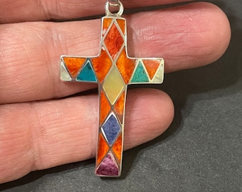 Large Spiny Oyster Cross/Sterling Silver Cross/Intarsia Cross Pendant Necklace/Multi Color Cross Pendant/ Cross/Dainty Cross Pendant/C8
