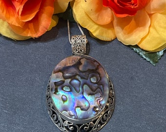Decorative Oval Abalone Shell Pendant Necklace / Sterling Silver Jewelry / Abalone Shell Necklace / Abalone Shell Pendant