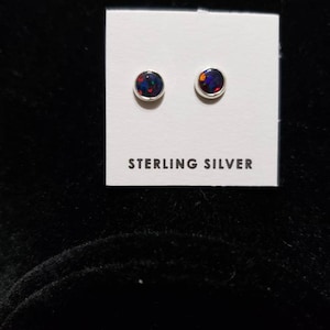 Tiny Black fire Opal Earrings / Black Opal Stud Earring/Dainty Opal Earring/Small Black Opal Earring/Sterling Silver/Made In USA