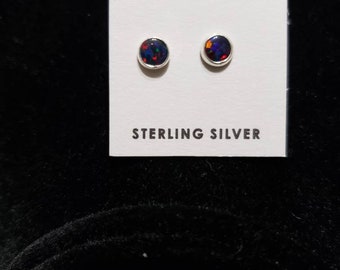 Tiny Black fire Opal Earrings / Black Opal Stud Earring/Dainty Opal Earring/Small Black Opal Earring/Sterling Silver/ Stud