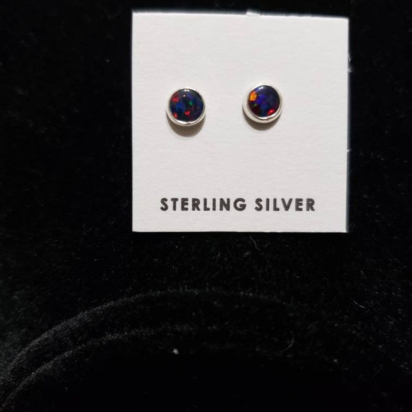 Tiny Black fire Opal Earrings / Black Opal Stud Earring/Dainty Opal Earring/Small Black Opal Earring/Sterling Silver/Made In USA