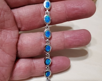 Blue Opal Link Bracelet/Sterling Silver Bracelet/Fire Opal Bracelet/gift for Her/Small Oval Blue Opal Bracelet/B5