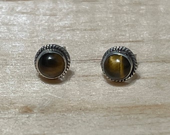 Tiger Eye Stud Earrings / 5MM Stud Earrings / Sterling Silver Earrings / Handmade Jewelry / Brown Studs / Minimalist Earrings