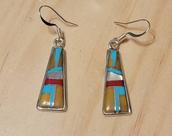 Orange Multicolor Earrings / Orange Multi Color Inlay Earrings/Long Drop Earrings/Silver Jewelry/Statement Earring/Inlay Earring