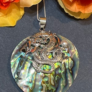 Dragon Abalone Shell with pearl accent Pendant Necklace / Sterling Silver/ Large Pendant Necklace