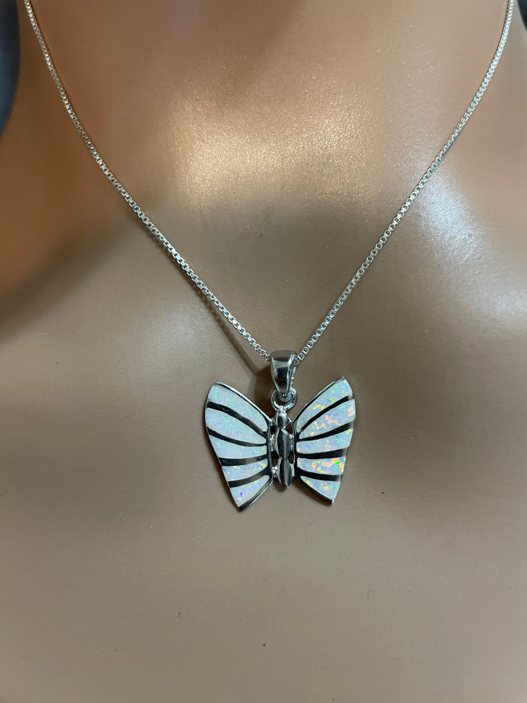 Unique Blue FIRE OPAL Butterfly Pendant - 925 STERLING  Butterfly Onyx and Fire Opal Sterling Silver 925 Necklace Pendant main image 2
