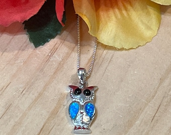 Blue Opal Owl Pendant Necklace  / Blue Opal Jewelry / Owl Pendant / Owl Necklace / Sterling Silver