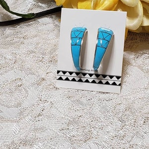 Turquoise Hoop Earring/ Turquoise Inlay Earring/Half Hoops Earring/Turquoise Jewelry/Sterling Silver Hoops/Southwestern Style/Hoop Earring