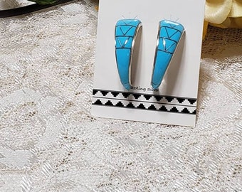 Turquoise Hoop Earring/ Turquoise Inlay Earring/Half Hoops Earring/Turquoise Jewelry/Sterling Silver Hoops/Hoops/Hoop Earring