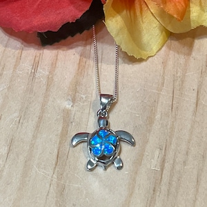 Blue Opal Flower Back Turtle Pendant Necklace / Blue Opal Turtle Pendant Necklace / Sterling Silver Turtle Necklace / Sea Themed Jewelry