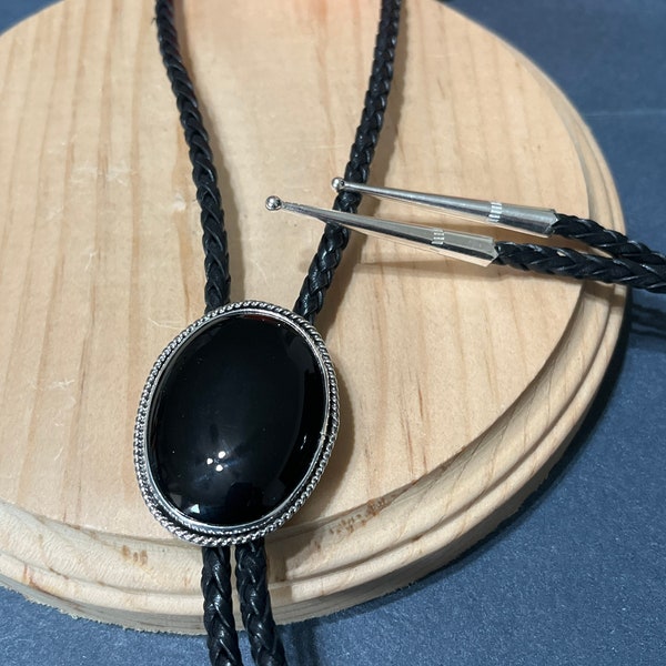 Black Onyx Bolo Tie/Sterling Silver Bolo/ Bolo Tie For Men/Bolo Tie Black Onyx/Large Black Stone Bolo/Made In USA