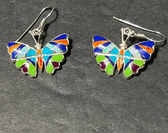 Multicolored inlay Butterfly Earrings/ Multicolored Jewelry/ Butterfly Earrings/ Sterling silver/ Colorful Butterfly Earrings
