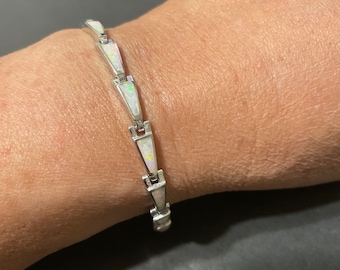 Dainty Inlay White Opal Link Bracelet/Sterling Silver Bracelet/Fire Opal Bracelet/gift for Her/Opal Bracelet/Inlay Opal Bracelet/Gift