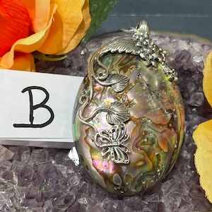 B- Floral and Butterfly accented Abalone Shell Pendant Necklace / Sterling Silver / Floral and Butterfly Engraved Sterling Silver