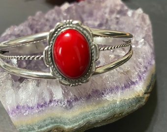 Coral Cuff Bracelet/Bamboo Coral Cuff/Sterling Silver Cuff/Simple Coral Cuff Bracelet/Red Coral Bracelet/Cuff Bracelet