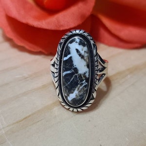 Bague buffle blanc/taille 8 3/4 bague/bague en argent sterling/bague turquoise/bague faite main/bague en pierre noire et blanche/J-150
