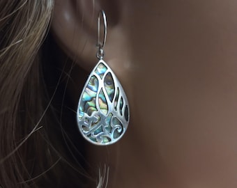 Abalone Shell Teardrop Earrings / Sterling Silver / Abalone Shell Jewelry / Natural Shell Earrings / Shell Earrings / A432-AR