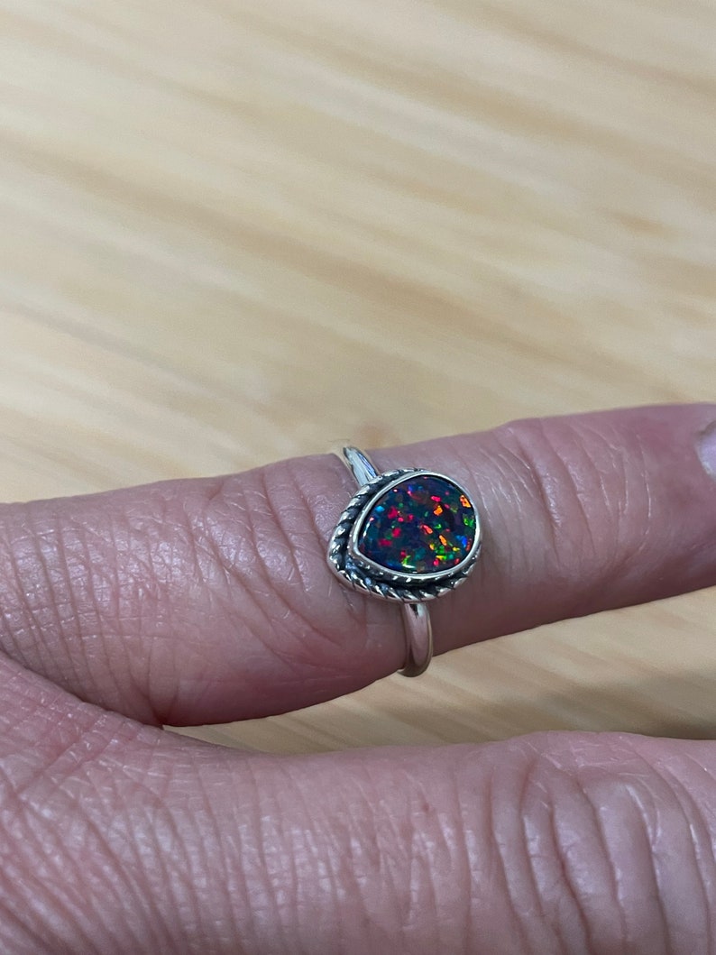 Black Fire Opal Ring/Small Teardrop Opal Ring/Dainty Black Fire Opal Ring/Sterling Silver Ring/Black Opal/Teardrop Ring image 2