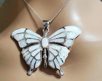 Large Butterfly Pendant/Opal Butterfly Necklace/White Opal Butterfly/Sterling Silver Butterfly/White Opal Inlay Pendant/Butterfly White