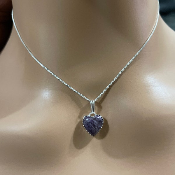 Purple Charoite Heart Pendant/Purple Heart Necklace/Sterling Silver Heart/ Natural Charoite Heart Necklace/Made In USA