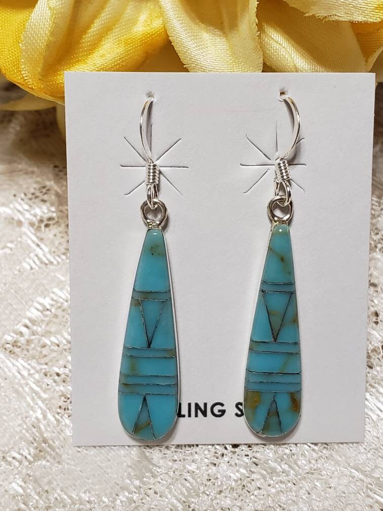 Turquoise Inlay Earrings/ Blue Turquoise Earrings/ Long Drop