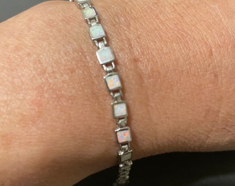 Dainty Inlay White Opal Link Bracelet/Sterling Silver Bracelet/Fire Opal Bracelet/gift for Her/Opal Bracelet/Inlay Opal Bracelet