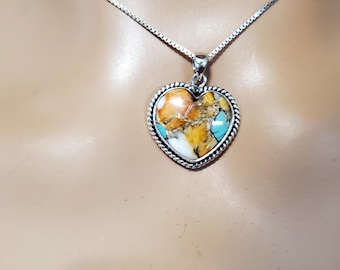 Spiny Oyster Copper Turquoise Heart Pendant/Mohave Turquoise Necklace/Sterling Silver Heart Pendant/Heart Copper Turquoise Pendant/LL205