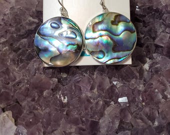 Abalone Shell Earrings / Sterling Silver / Shell Dangle Earrings / Circle Abalone Shell Earrings / Shell Jewelry / Shell Earrings / A146-AR