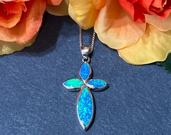 Blue Opal Inlay Cross Necklace/ Blue Opal Necklace/ Cross necklace/ Blue Cross necklace/ Sterling silver/ Sterling Silver cross necklace