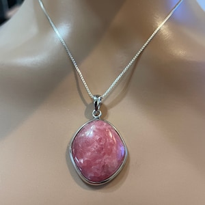 Dainty Pink Rhodochrosite Pendant/Sterling Pendant/Natural Rhodochrosite Pendant/Grade A Rhodochrosite/Box Chain Necklaces