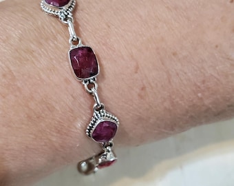 Pulsera de eslabones de rubí/ Pulsera de rubí/ Rubí/ Pulsera de plata de ley/ Plata de ley/ Pulsera de rubí y plata/ B3