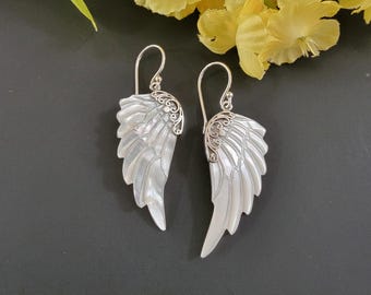 Carved Mother of Pearl Earrings / Sterling Silver /Mother of Pearl Earrings/Wing Earring / Carved Shell Earring/Carved Wing Earrings/A122-AR
