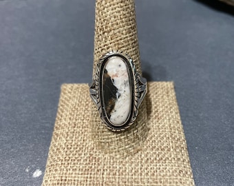 White Buffalo Ring/Size 10 Ring/Sterling Silver Ring/Turquoise Ring/Handmade Ring/Black and White Stone Ring/White Buffalo Turquoise Ring
