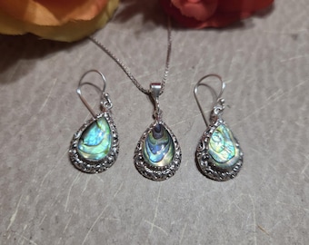 Abalone Shell Earring and Pendant Set with Chain Options / Shell Pendant and Earring Set / Abalone  Jewelry Set / A425-AR