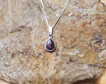 Black Opal Pendant/Fire Opal Necklace/ Dainty Opal Heart/Sterling Silver Pendant/Valentine Gift/Black Opal Necklace