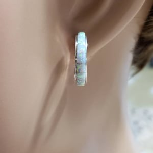 White Opal Hoop Earrings / Inlay Hoop Earrings / Fire Opal Earrings/Hoop Opal Earrings /Sterling Silver Hoop