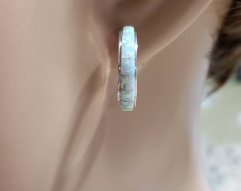 White Opal Hoop Earrings / Inlay Hoop Earrings / Fire Opal Earrings/Hoop Opal Earrings /Sterling Silver Hoop