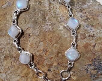 Pulsera de eslabones de piedra lunar arcoíris/ Pulsera de piedra lunar arcoíris/ Pulsera de piedra lunar arcoíris/ Pulsera de plata de ley/ Plata de ley/ B12
