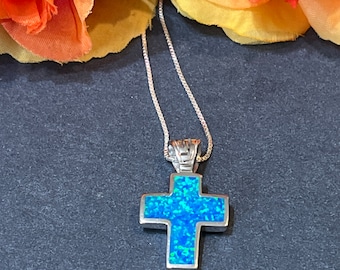 Blue Cross Opal Pendant /Cross Necklace /Sterling Silver Jewelry / Blue Opal Inlay Cross /Cross Jewelry/Cross
