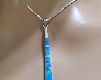 Opal Necklace /Blue  Opal Pendant /Fire Opal /Handmade Jewelry/Box Chain Necklace/Fire Opal Pendant/Long Stick Opal Necklace/Gift For Her