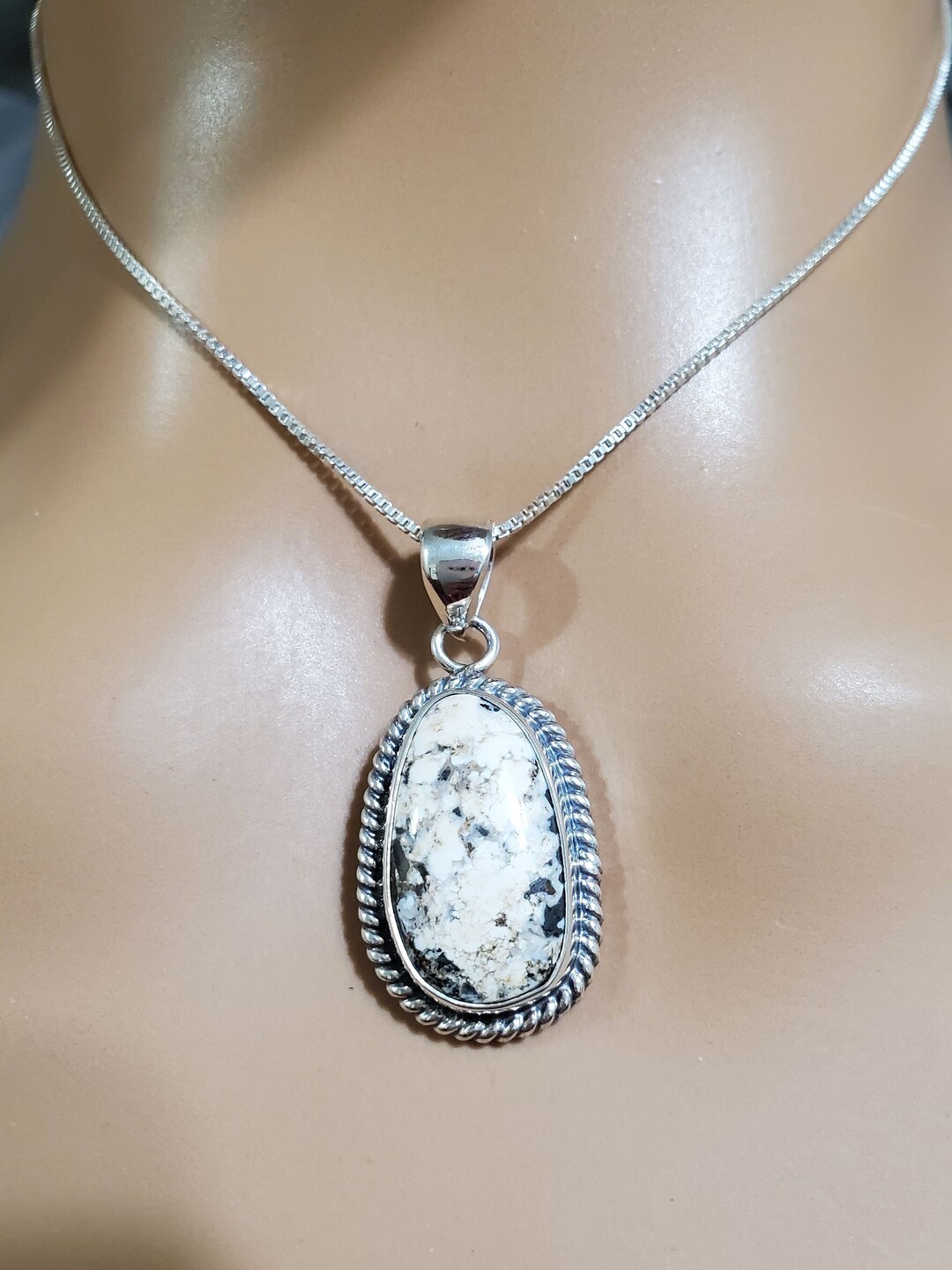 White Buffalo Pendant Necklace/sterling Silver/white Turquoise Pendant