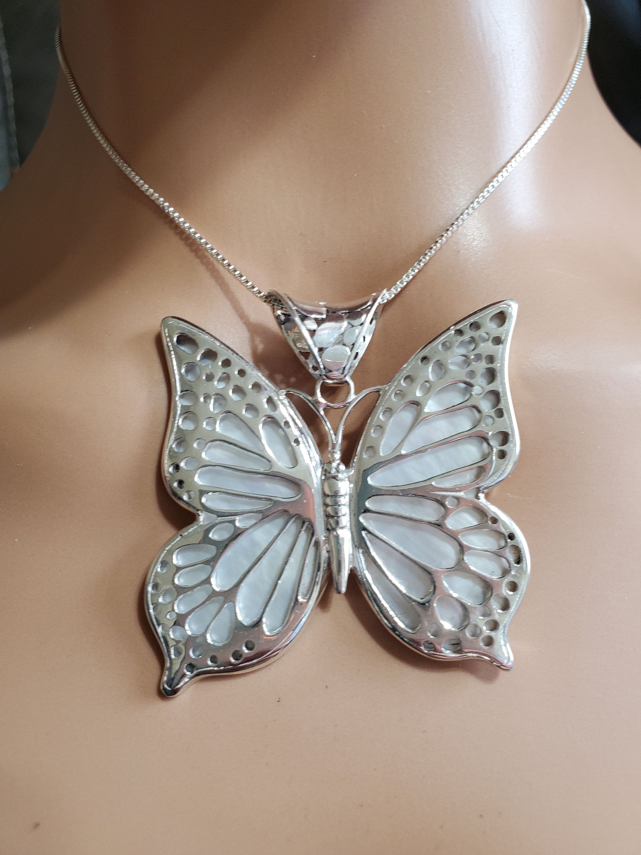 Big Butterfly Necklace large Butterfly Pendant butterfly Inlay Shell Necklace sterling Silver Butterfly gift for Her Etsy