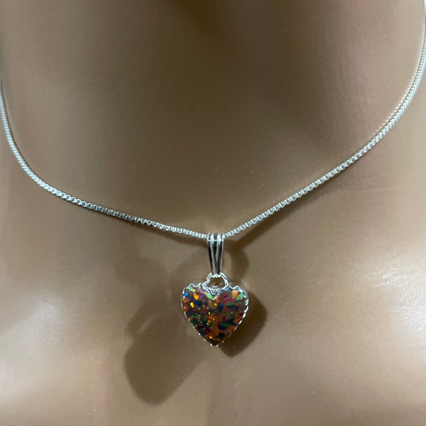 Opal Heart Pendant/Fire Opal Heart Necklace/ Opal Heart/Sterling Silver Heart/Valentine Gift/Everyday Jewelry/Red Opal Heart Necklace