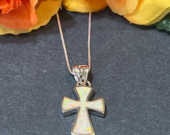 White Opal Cross Pendant / White Opal Necklace / Sterling Silver Jewelry / White Opal Inlay Cross / Cross Jewelry
