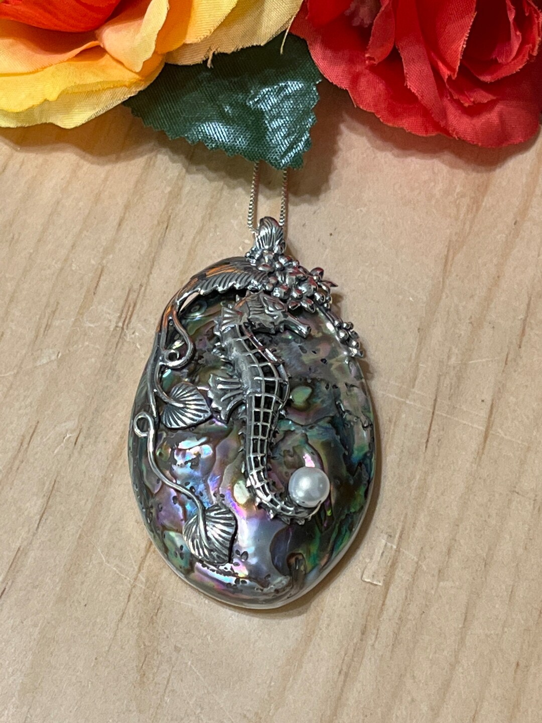 Seahorse Accented Abalone Shell Pendant Necklace / Seahorse Necklace
