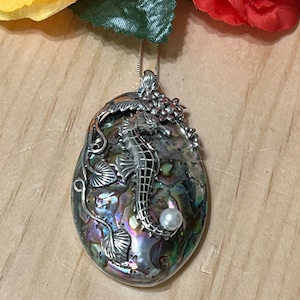 Seahorse Accented Abalone Shell Pendant Necklace / Seahorse Necklace / Abalone Shell Pendant / Sterling Silver / Sea Life Jewelry