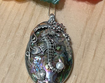 Seahorse Accented Abalone Shell Pendant Necklace / Seahorse Necklace / Abalone Shell Pendant / Sterling Silver / Sea Life Jewelry