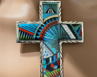 Cruz grande con incrustaciones/Cruz de plata con mosaico/Cruz con incrustaciones de ópalo/Cruz de plata grande/Cruz/Cruz multicolor/Cruz de plata esterlina con incrustaciones/Regalo para ella